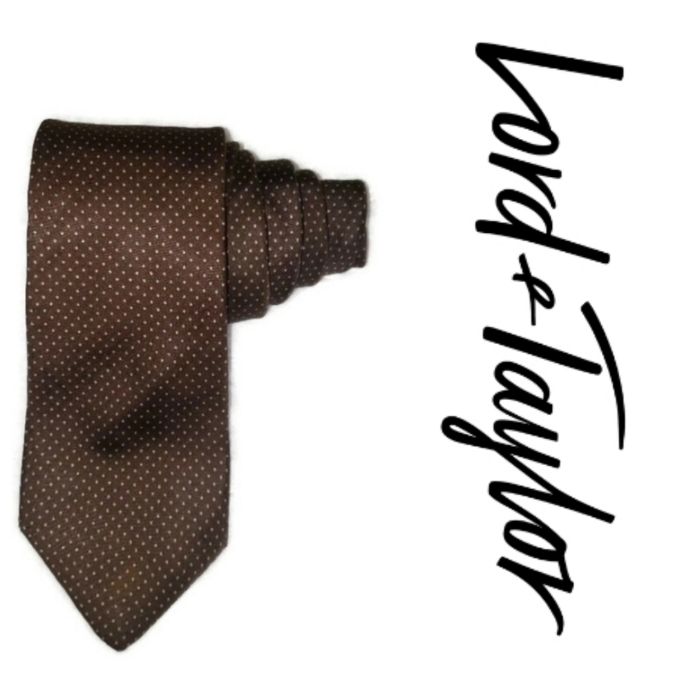 Lord & Taylo silk brown mens tie with small blue polka-dots
